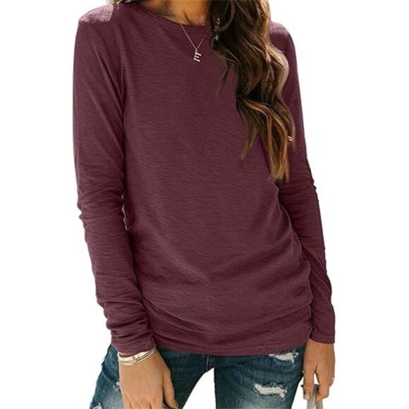 Womens Long Sleeve Round Neck Shirts - Basic Tee for Fall Tops and Outfits - Picture 2 of 7